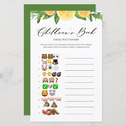 レモン&オレンジ絵文字の赤ちゃんシャワーゲーム (正面/裏面)