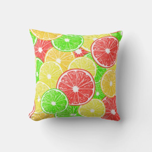 レモン、オレンジ、グレープフルーツ、ライムの薄切り模様 クッション (正面)