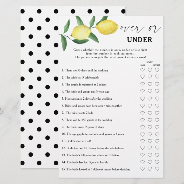 レモン – オーバーまたは下ブライダルシャワーゲーム (正面/裏面)