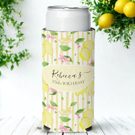 レモン コケット ピンクの蝶結びと黄色のストライプ スリム缶クーラー