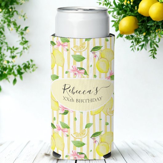 レモン コケット ピンクの蝶結びと黄色のストライプ スリム缶クーラー