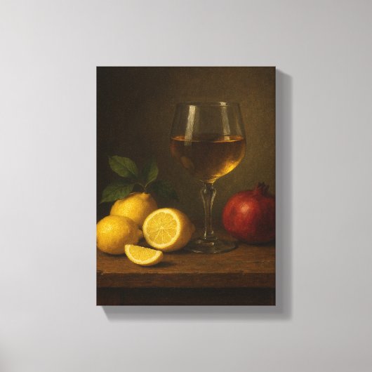 レモン、ザクロ、ワイングラスを添えた静かな生活 キャンバスプリント (正面)