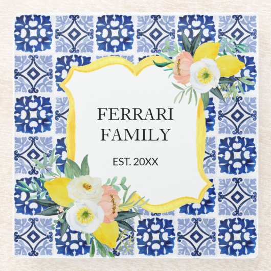 レモン シトラス イタリアン メディテレーニアンタイルパターン ガラスコースター (正面)