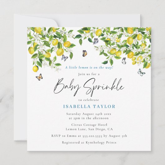 レモン シトラス ウォーターカラー ベイビー スプリンクル 招待状 (正面)