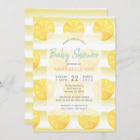 レモン & ストライプ 水彩 ベビーシャワー 招待状 (正面/裏面)