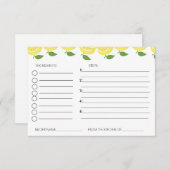レモン テーマのブライダル シャワー レシピ リクエスト エンクロージャーカード (正面/裏面)