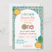 レモン テーマの女の子の1歳の誕生日 レモネードパーティー 招待状 (正面)