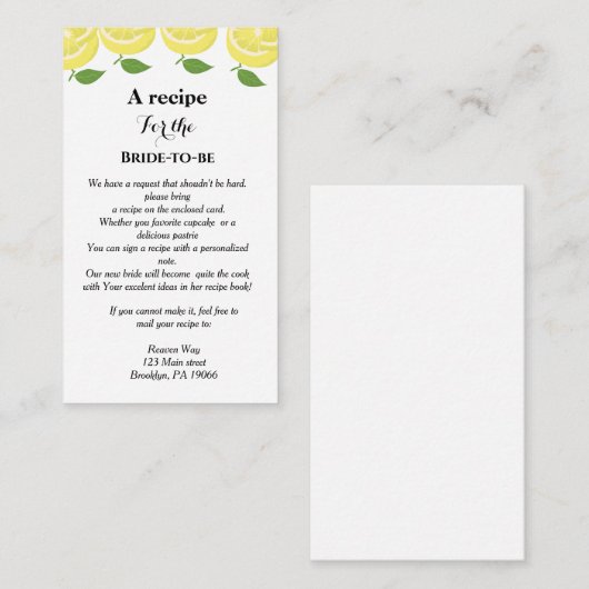 レモン テーマの料理リクエスト ウェディング シャワー エンクロージャーカード (正面/裏面)