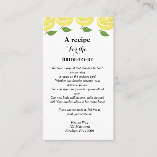 レモン テーマの料理リクエスト ブライダルシャワー エンクロージャーカード (正面)