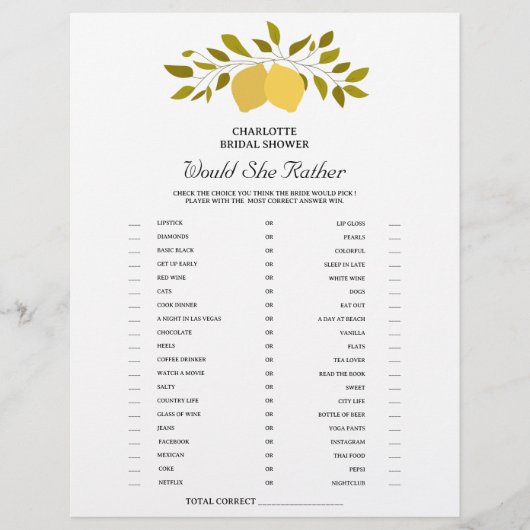 レモン テーマ どっちがいい? ブライダル シャワー ゲーム チラシ (正面)