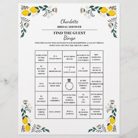 レモン テーマ ゲストを探せ ブライダル シャワー ビンゴ チラシ (正面)