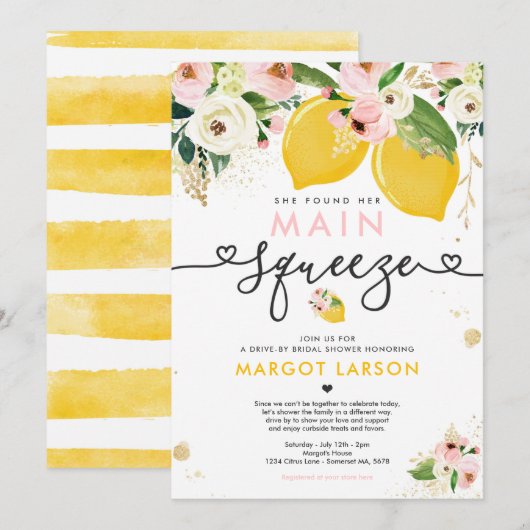 レモン ドライブ バイ ブライダル シャワー レモン メイン スクイーズ 招待状 (正面/裏面)