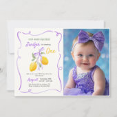 レモン パープル リボン ファースト バースデー パーティー フォト 招待状 (正面)