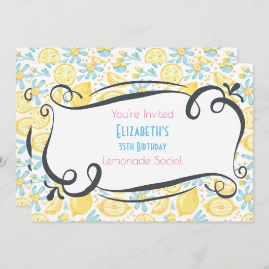 レモン&フラワーズ誕生日レモネードソーシャル招待状 招待状 (正面/裏面)