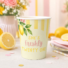 レモン フレッシュ イエロー ストライプ フローラル 21歳の誕生日 紙コップ