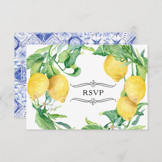 レモン フローラル リース ヴィンテージ ファーム ブルー ホワイト タイル 出欠カード (正面/裏面)