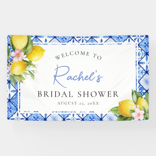 レモン ブルータイル フラワー ブライダルシャワー ウェルカム 横断幕 (横)