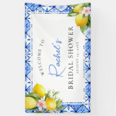 レモン ブルータイル フラワー ブライダルシャワー ウェルカム 横断幕 (縦)