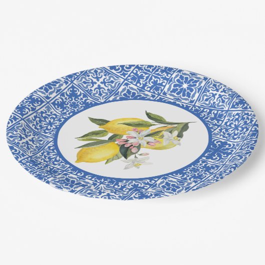 レモン&ブルー地中海のタイルウェディングシャワー ペーパープレート (アングル)