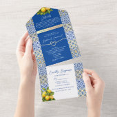 レモン ブルー イタリアン タイル ウェディング オールインワン招待状 (貼ってはがせる)