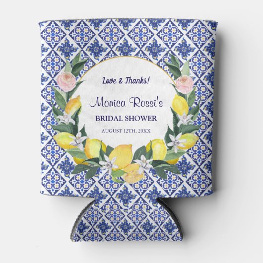 レモン ブルー イタリアン タイル ブライダル シャワー パーティー ネーム 缶クーラー (正面)