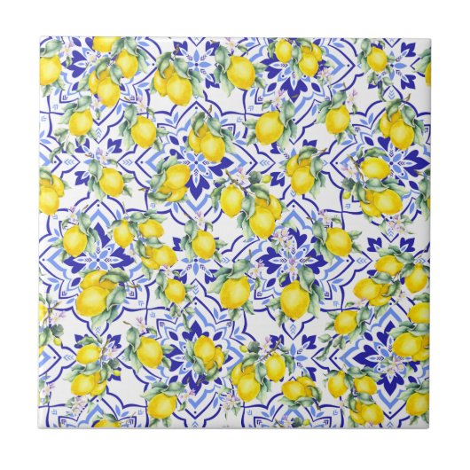 レモン ブルー フレンチカントリー 水彩画 タイル (正面)