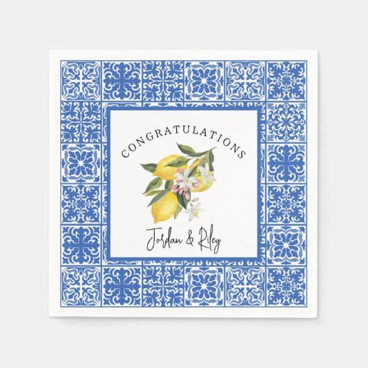 レモン & ブルー メディテレーニアンタイル ウェディングシャワー スタンダードカクテルナプキン (正面)