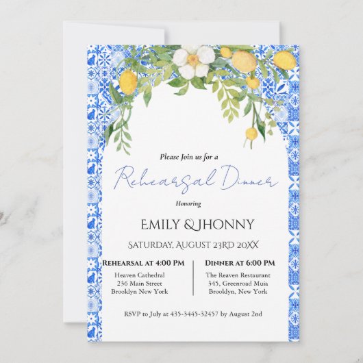 レモン ブルー メディテレーニア イタリアン リハーサル ディナー 招待状 (正面)