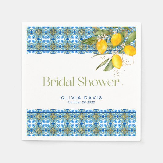 レモン メディテレーニアンタイル ブライダルシャワー スタンダードカクテルナプキン (正面)