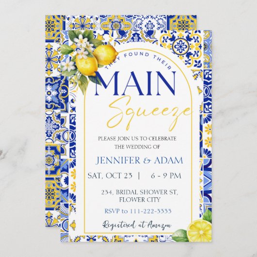レモン メディテレーニアンブルー タイル メインスクイーズ ウェディング 招待状 (正面/裏面)