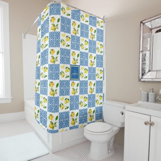 レモン モノグラム 名前 フランス カントリー タイル 模様 シャワーカーテン (インサイチュ)