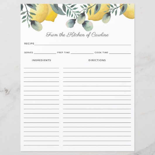 レモン&ユーカリレシピカードバインダーインサート (正面)
