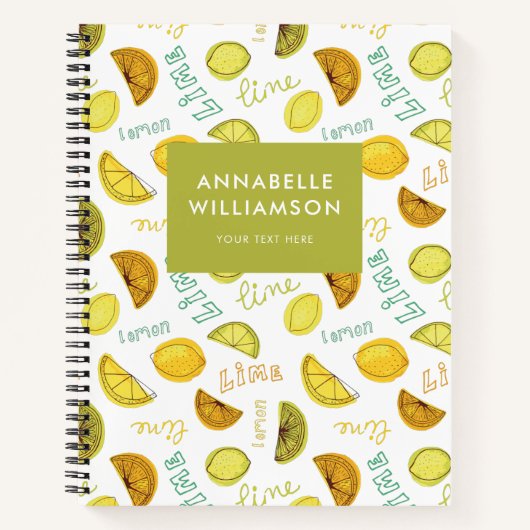 レモン & ライムの柑橘類のフルーツパターン ノートブック (正面)