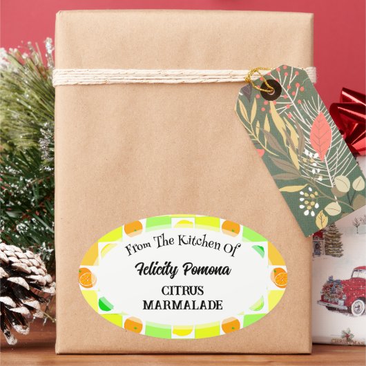 レモン、ライム、オレンジの柑橘類の果実のキッチン 楕円形シール (クリスマス)