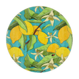 レモン、ラディバグ、ティール（緑がかった色）背景の花 カッティングボード