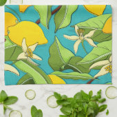 レモン、ラディバグ、ティール（緑がかった色）背景の花 キッチンタオル (折り畳み)