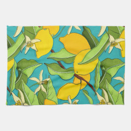 レモン、ラディバグ、ティール(緑がかった色)背景の花 キッチンタオル