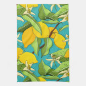 レモン、ラディバグ、ティール（緑がかった色）背景の花 キッチンタオル (縦)