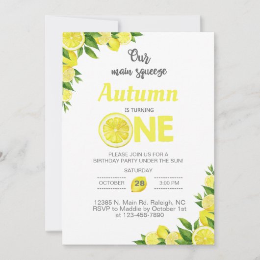 レモン、レモンの女の子の最初の誕生日の招待。 招待状 (正面)