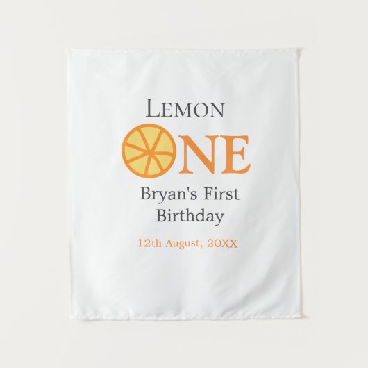 レモン ワン ハッピー ファースト バースデー オレンジ グレー レトロ ボー タペストリー (正面)