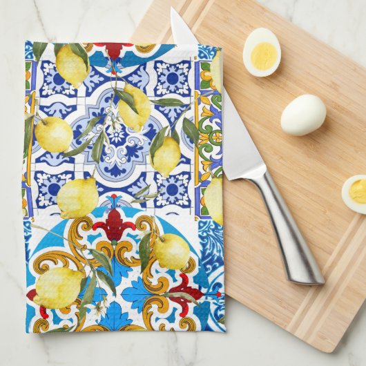 レモン、地中海のマジョリカ、タイタリアンイル、夏 キッチンタオル (四つ折り)