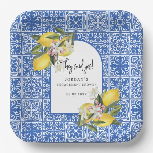 レモン＆地中海スタイルのタイル　イエスと言ったシャワー ペーパープレート (正面)