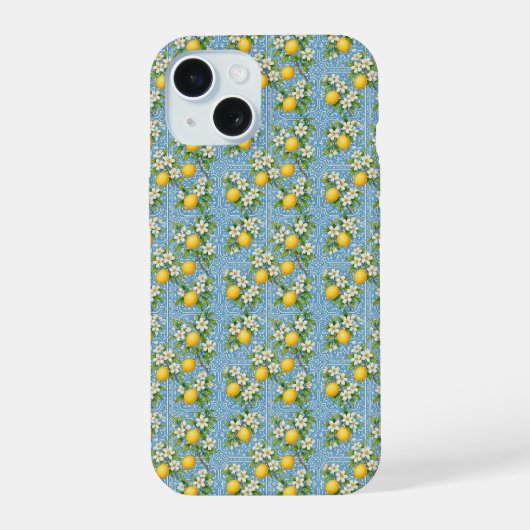 レモン 水彩 青 地中海 タイル 模様 iPhone 15ケース (裏面)