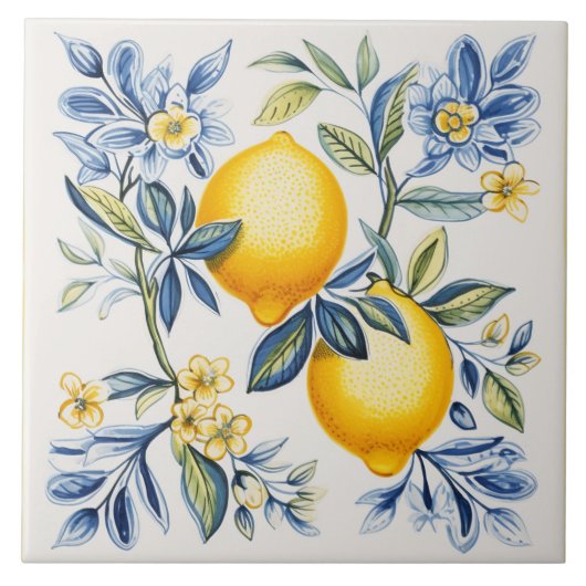 レモン、青いタイル、シチリアタイル、セラミックタイル タイル (正面)