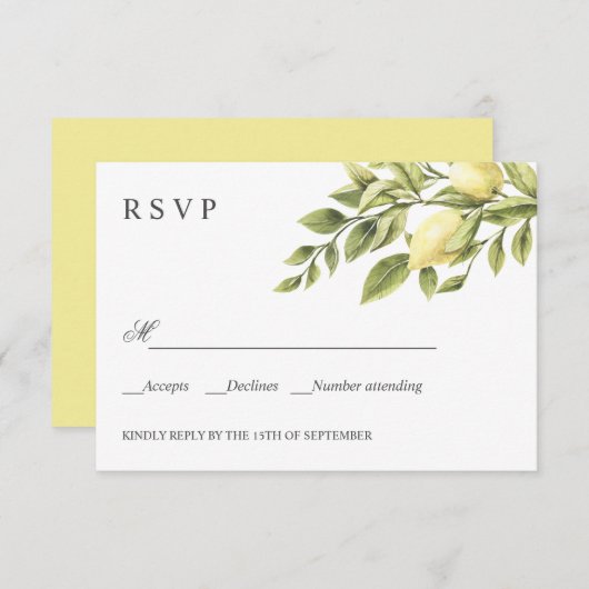 レモン |黄色 |の素朴RSVPクラシック 出欠カード (正面/裏面)