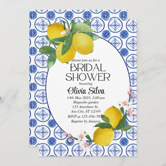 レモ地中海のンイタリアンタイルのブリダルシャワー 招待状 (正面/裏面)