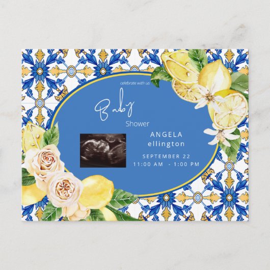 レモ地中海のンス超音波ブルーベビーシャワー インビテーションポストカード (正面)