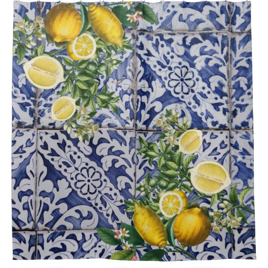 レモ地中海のンズサマーポルトガルのタイル シャワーカーテン (正面)