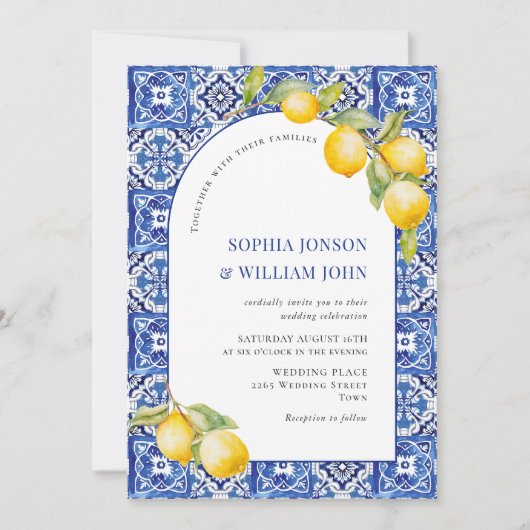 レモ地中海のンズブルー結婚タイル写真 招待状 (正面)