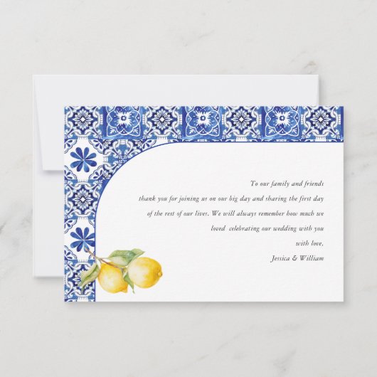 レモ地中海のンズブルー結婚タイル サンキューカード (裏面)